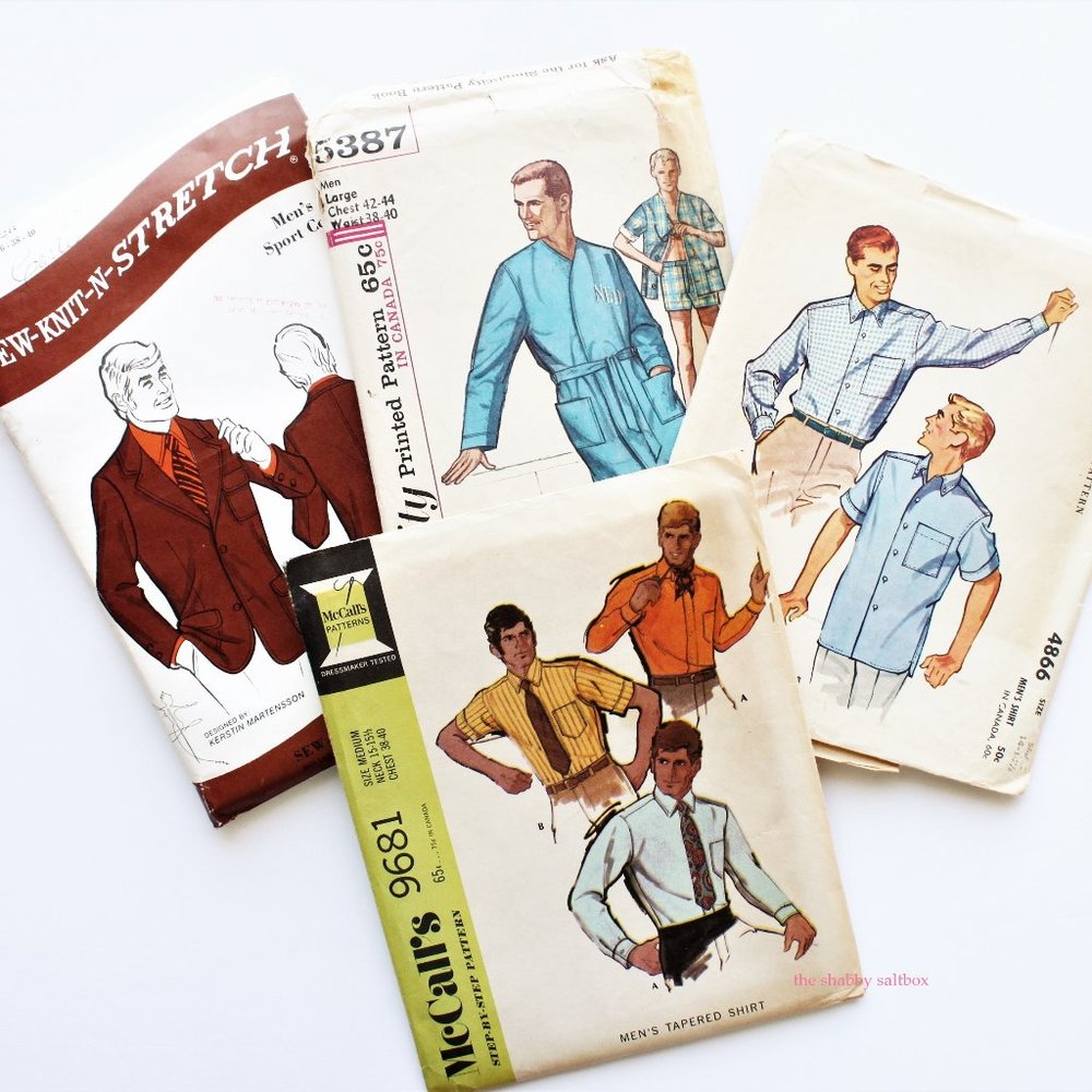 Vintage Sewing Patterns Men's Clothing Lot of 4 Shirts Robe Knit Sport Coat PJ's